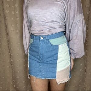 Colorblock Denim Mini Skirt - Blue/Pink/Cream